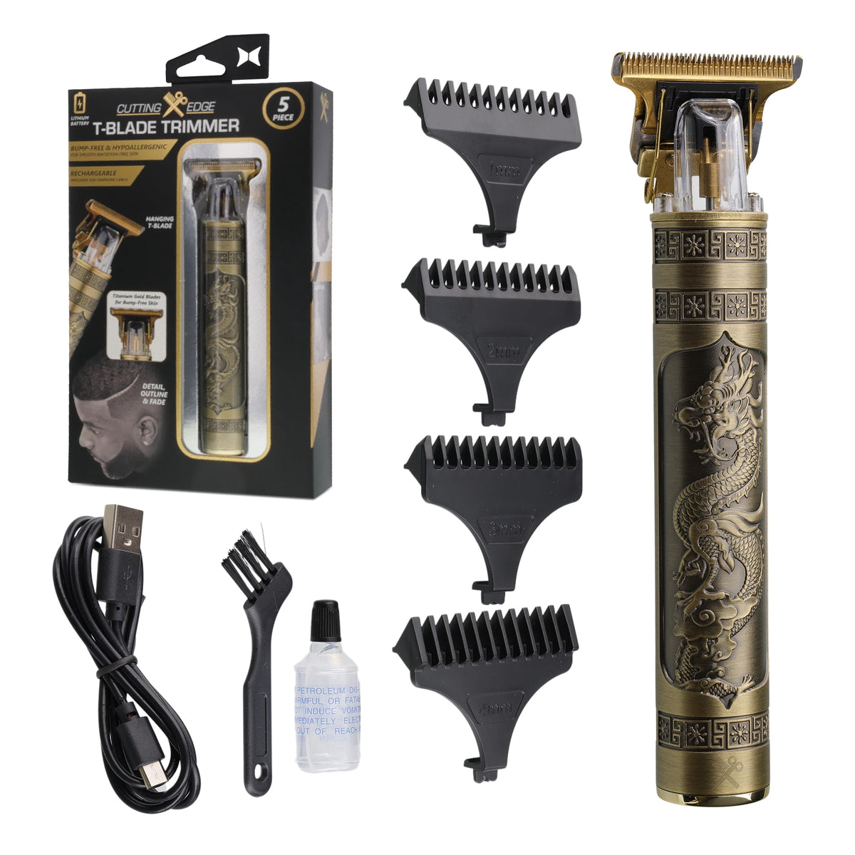 Cutting Edge T-Blade Beard Trimmer for Men with Ergonomic Dragon Handle, Zero-Gapped, 4 Guide Combs