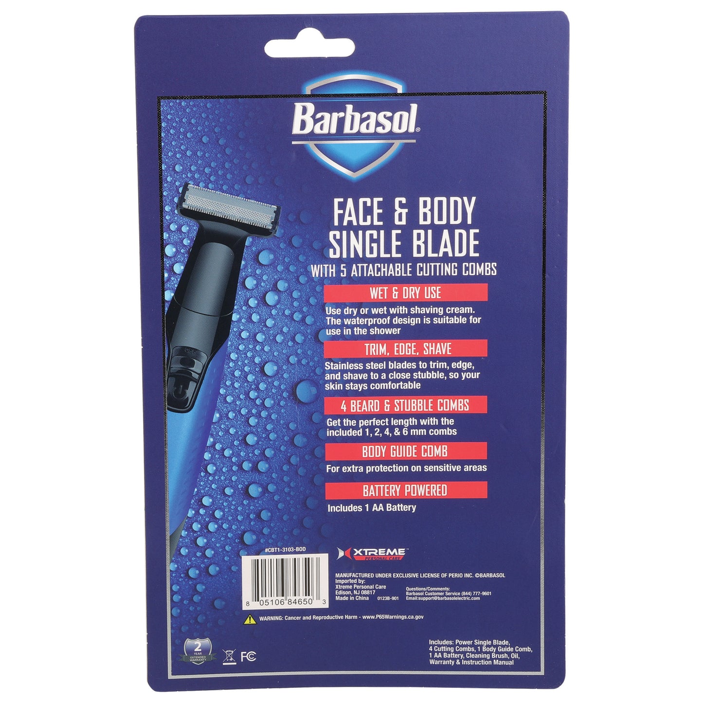 Powered Single Stainless-Steel Blade with Body Grooming Comb, Wet/Dry