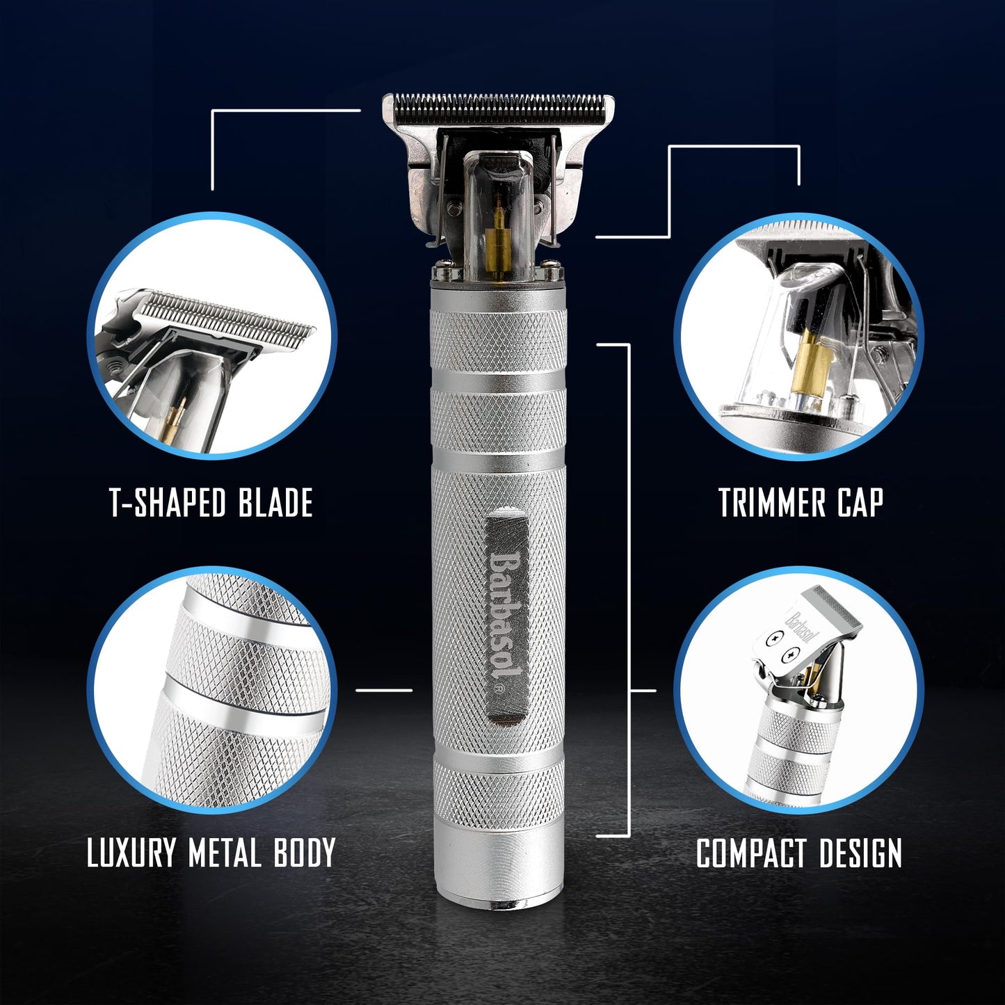 Stainless-Steel Rechargeable Zero-Gapped T-Blade Trimmer, Hanging Blade, 3 Guide Combs