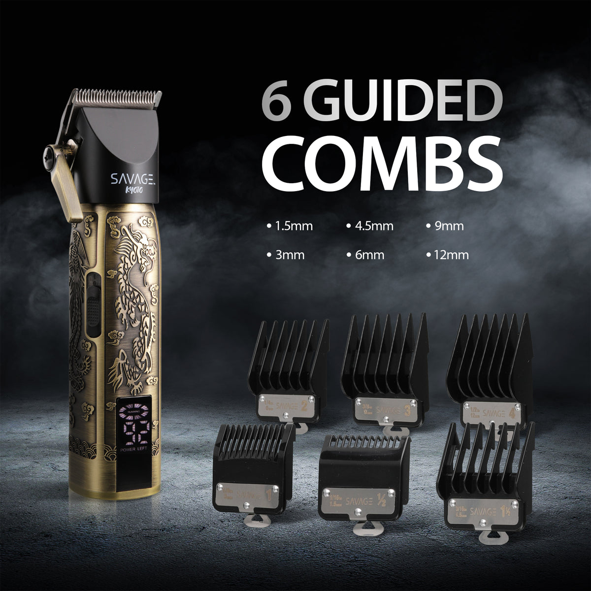 Savage Professional Hair Clippers for Men, Diamond-Like-Carbon Fixed Blade, Ceramic Moving Blade, Zinc Alloy Body, 180 Minute Runtime, LCD Screen, 7500/9000 RPM Settings, 4 Adjustable Cutting Lengths