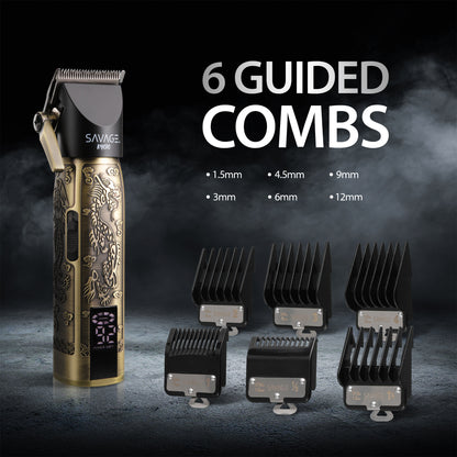 Savage Professional Hair Clippers for Men, Diamond-Like-Carbon Fixed Blade, Ceramic Moving Blade, Zinc Alloy Body, 180 Minute Runtime, LCD Screen, 7500/9000 RPM Settings, 4 Adjustable Cutting Lengths