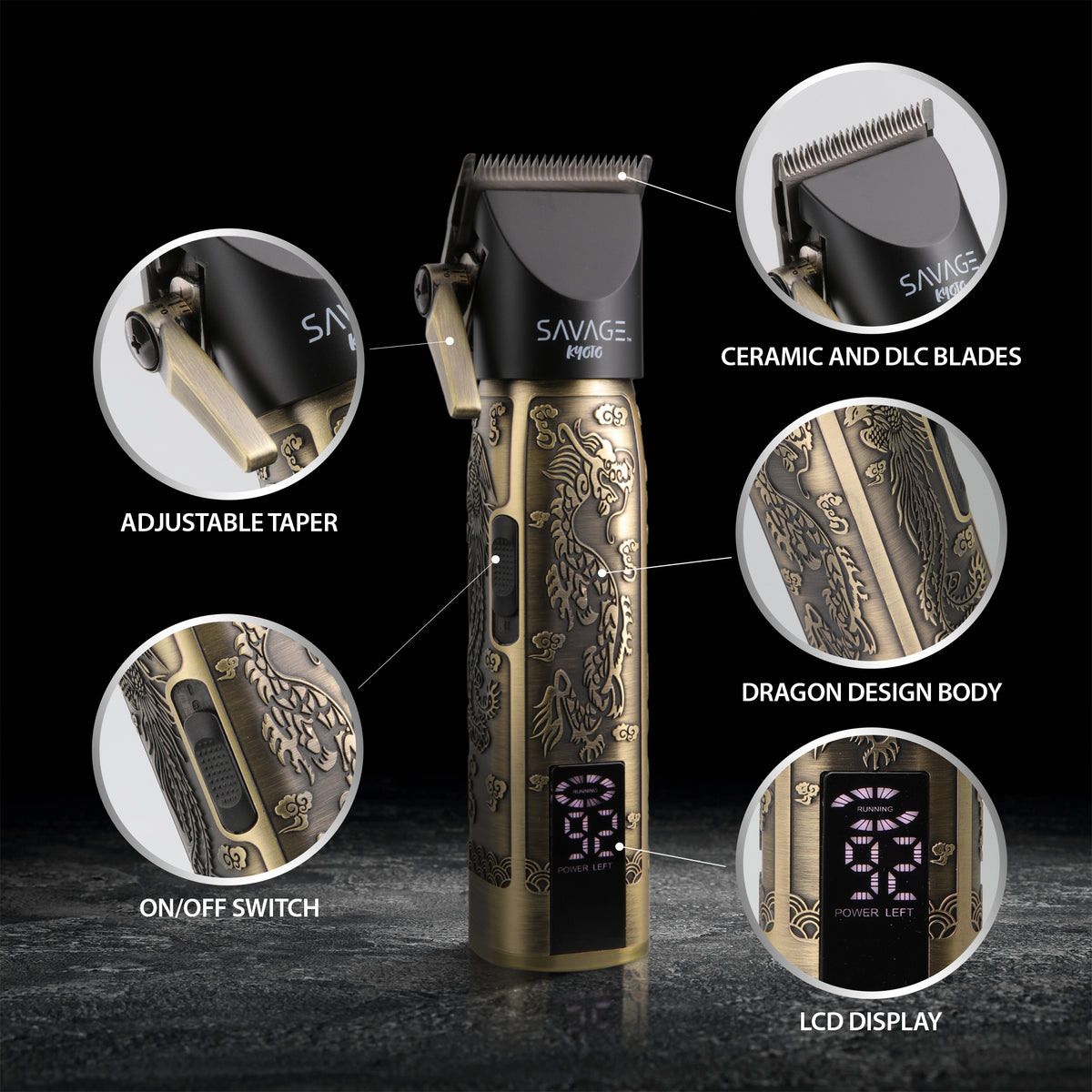Savage Professional Hair Clippers for Men, Diamond-Like-Carbon Fixed Blade, Ceramic Moving Blade, Zinc Alloy Body, 180 Minute Runtime, LCD Screen, 7500/9000 RPM Settings, 4 Adjustable Cutting Lengths