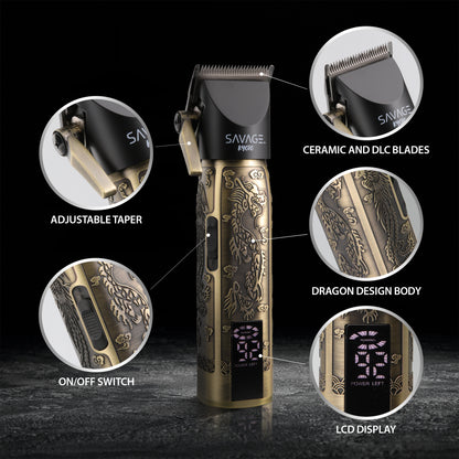 Savage Professional Hair Clippers for Men, Diamond-Like-Carbon Fixed Blade, Ceramic Moving Blade, Zinc Alloy Body, 180 Minute Runtime, LCD Screen, 7500/9000 RPM Settings, 4 Adjustable Cutting Lengths