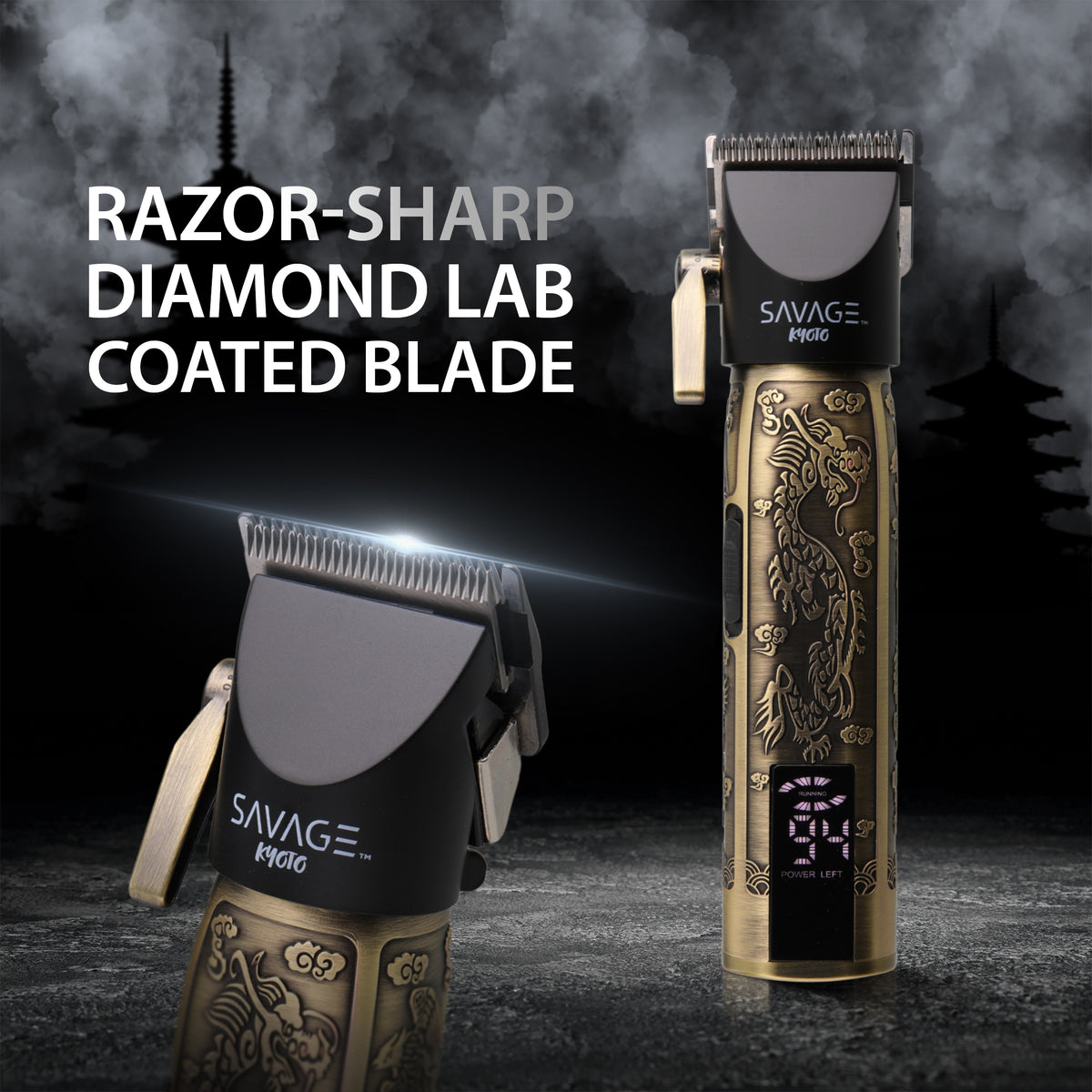 Savage Professional Hair Clippers for Men, Diamond-Like-Carbon Fixed Blade, Ceramic Moving Blade, Zinc Alloy Body, 180 Minute Runtime, LCD Screen, 7500/9000 RPM Settings, 4 Adjustable Cutting Lengths