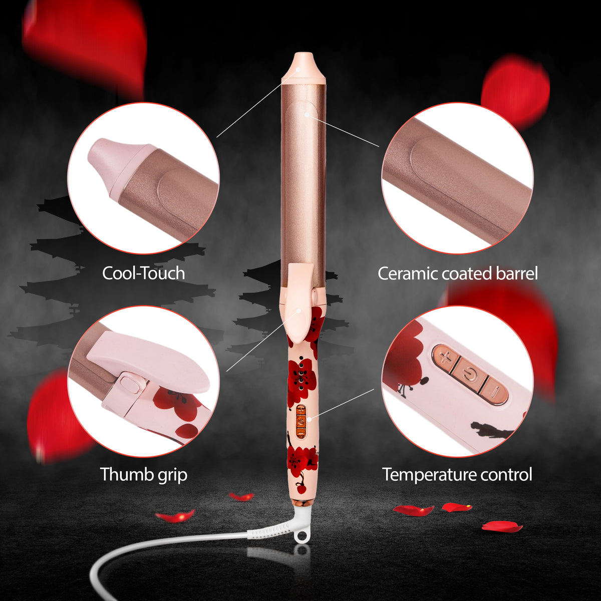 Savage Hair Curler, Professional Curling Wand for Women, Kyoto Design, 1” inch Ceramic Plated Barrel, PTC Heating Element