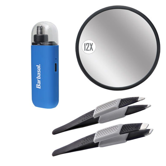Barbasol Men’s Grooming Kit with 12x Suction Cup Magnifying Mirror, Rechargeable Nose Hair Trimmer & 2-Piece Non-Slip Tweezer Set