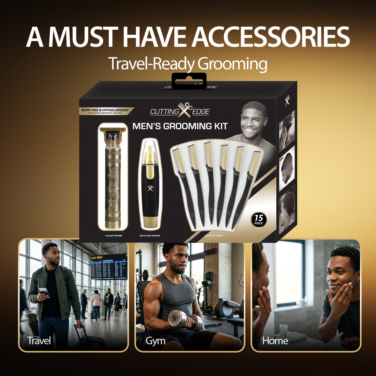 Cutting Edge Men's Grooming Kit Gift Set with T Blade Trimmer, Ear and Nose Hair Trimmer