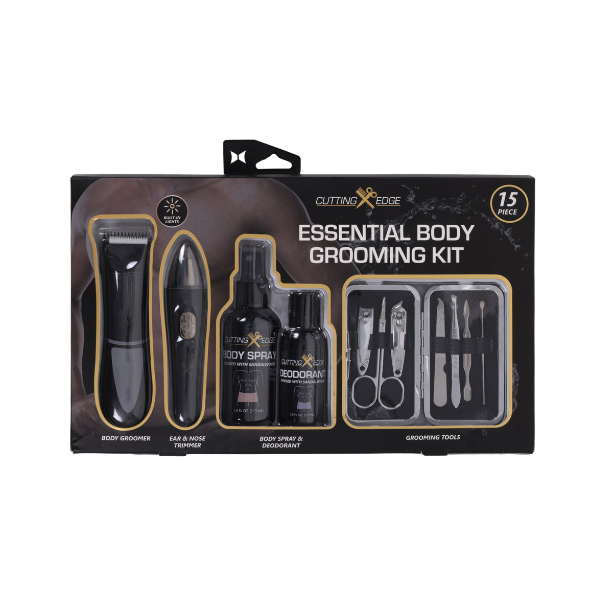 Cutting Edge Essential Body Grooming Kit for Men, 15-Piece Gift Set with Body Groomer, Nose and Ear Trimmer