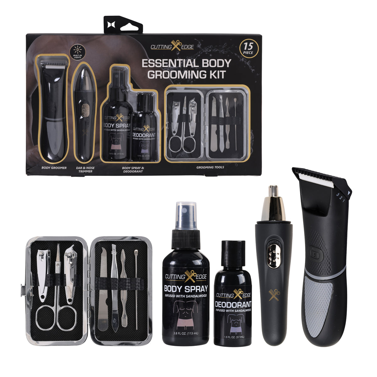 Cutting Edge Essential Body Grooming Kit for Men, 15-Piece Gift Set with Body Groomer, Nose and Ear Trimmer