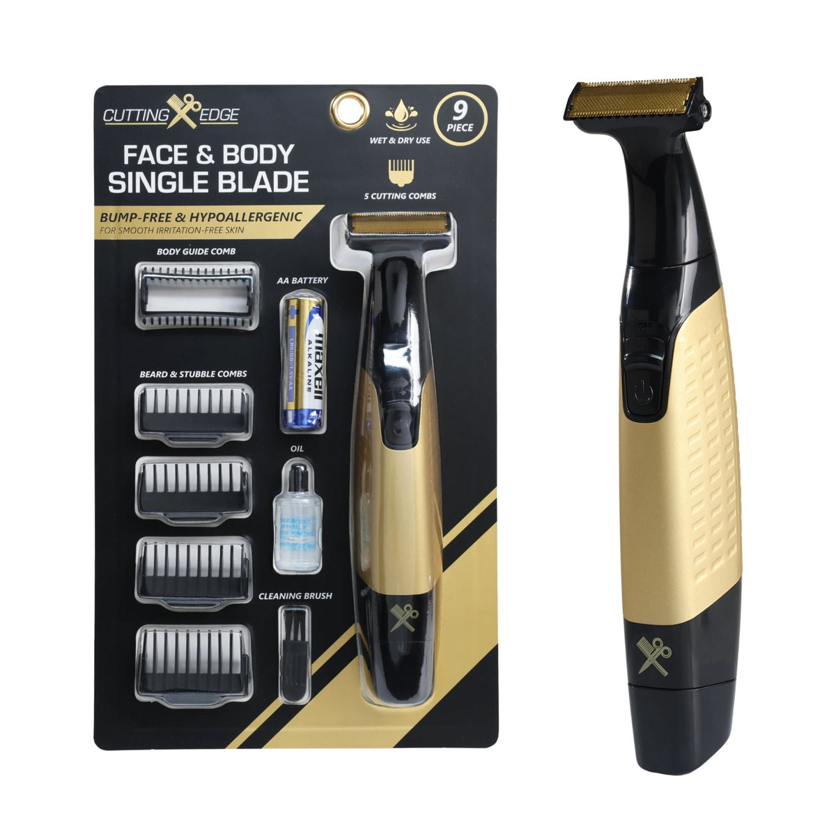 Cutting Edge Single Blade Face & Body Shaver for Men w/ 5 Guide Combs, Wet/Dry Battery-Powered