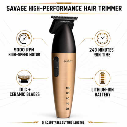 Savage High-Performance Hair Trimmer, 9000 RPM Motor, DLC + Ceramic Blades, 240-Minute Runtime, Lithium-Ion Rechargeable