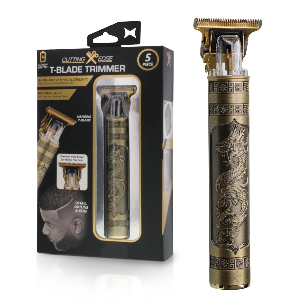 Cutting Edge T-Blade Beard Trimmer for Men with Ergonomic Dragon Handle, Zero-Gapped, 4 Guide Combs