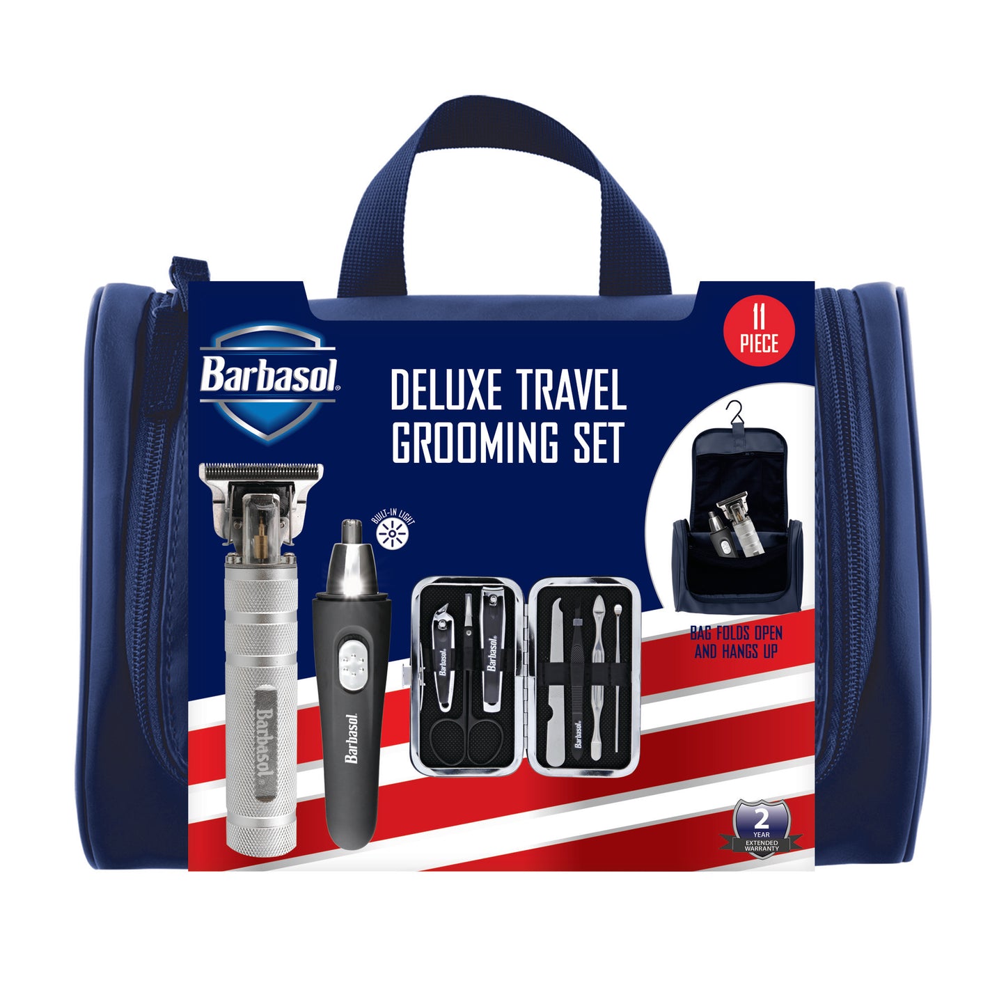 Deluxe Travel Grooming Kit: Rechargeable T Blade Shaver, Ear and Nose Trimmer, Manicure Set, and Hanging Travel Bag