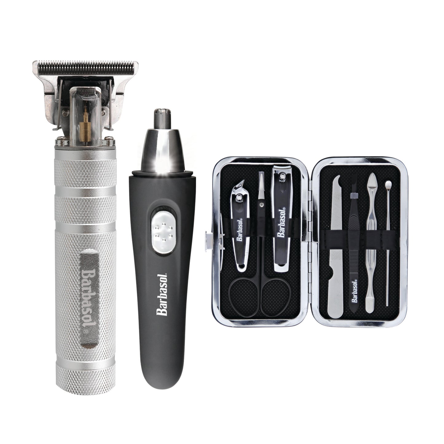 Deluxe Travel Grooming Kit: Rechargeable T Blade Shaver, Ear and Nose Trimmer, Manicure Set, and Hanging Travel Bag