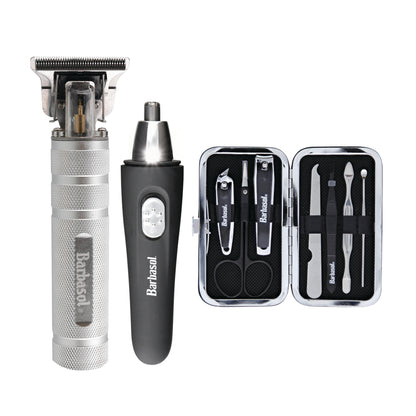 Deluxe Travel Grooming Kit: Rechargeable T Blade Shaver, Ear and Nose Trimmer, Manicure Set, and Hanging Travel Bag