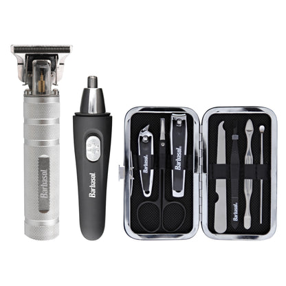 Deluxe Travel Grooming Kit: Rechargeable T Blade Shaver, Ear and Nose Trimmer, Manicure Set