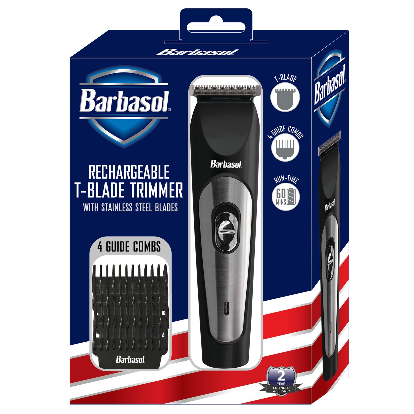 Rechargeable Men’s T-Blade Trimmer with Stainless Steel Blades, 4 Guide Combs Included: 3mm, 6mm, 9mm, 12mm