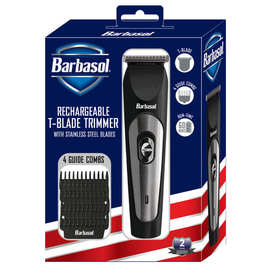 Rechargeable Men’s T-Blade Trimmer with Stainless Steel Blades, 4 Guide Combs Included: 3mm, 6mm, 9mm, 12mm
