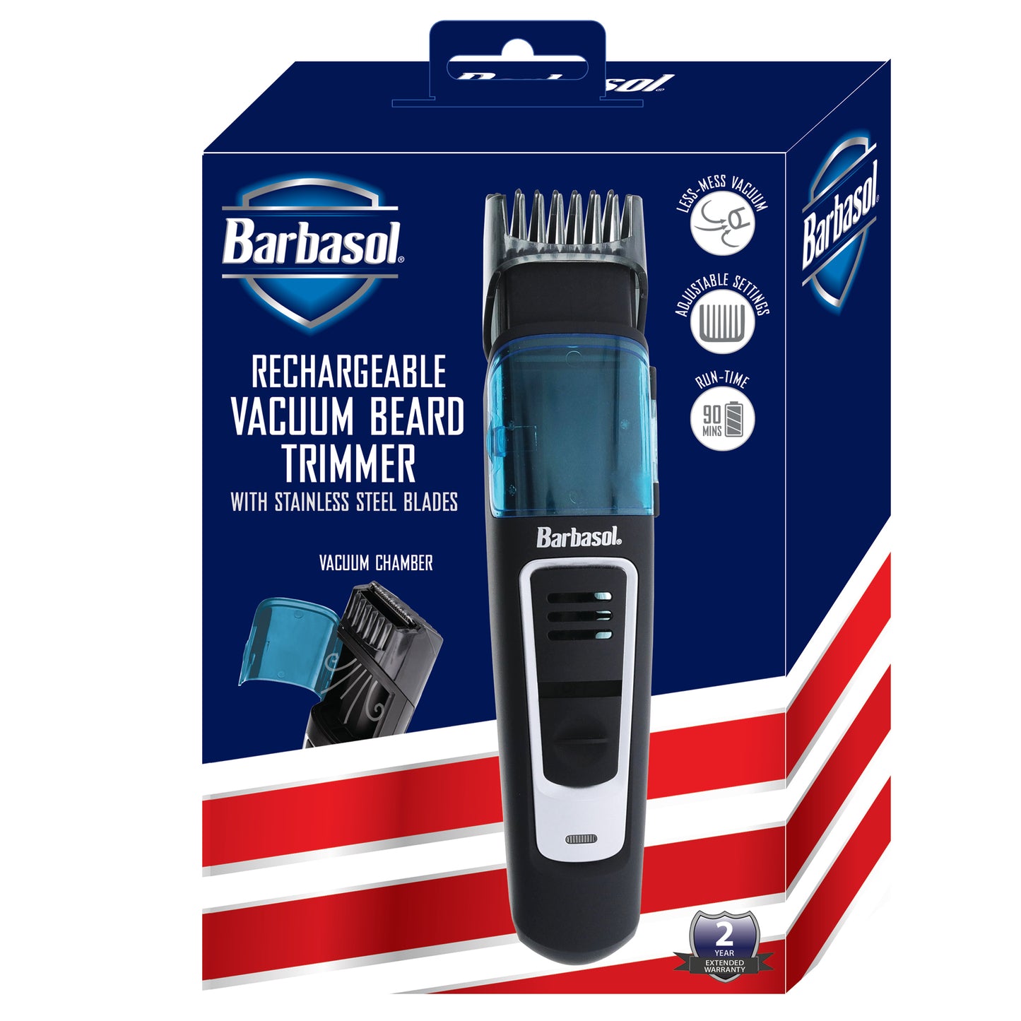 Rechargeable Vacuum Beard Trimmer: Stainless Steel Blades, 11 Adjustable Settings, 90-min Run Time